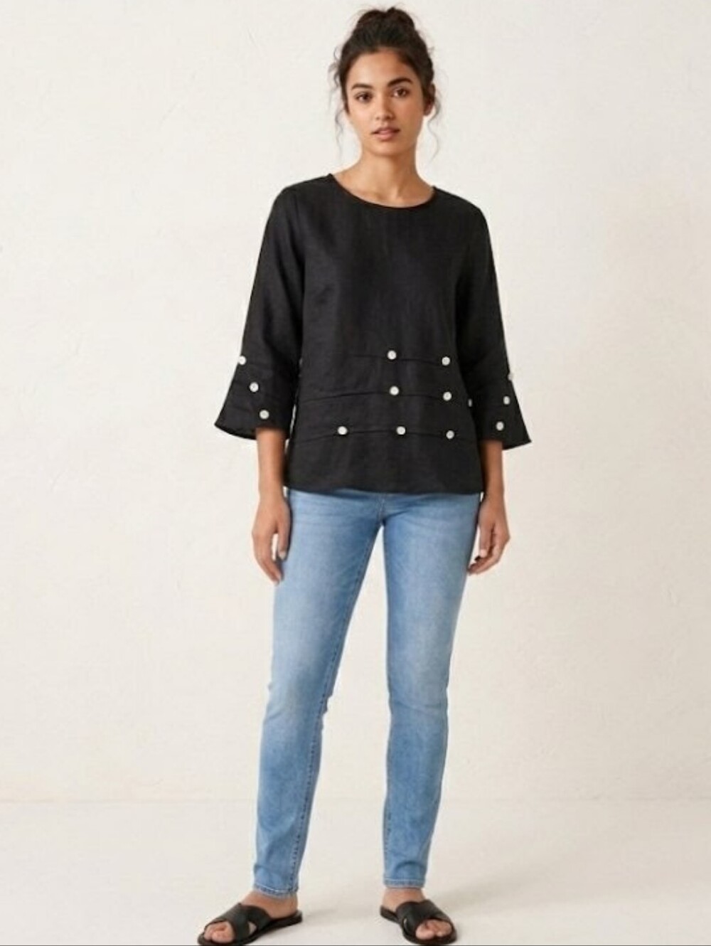 Toofan Linen Black Button-Accent 3/4 Bell Sleeve Top
